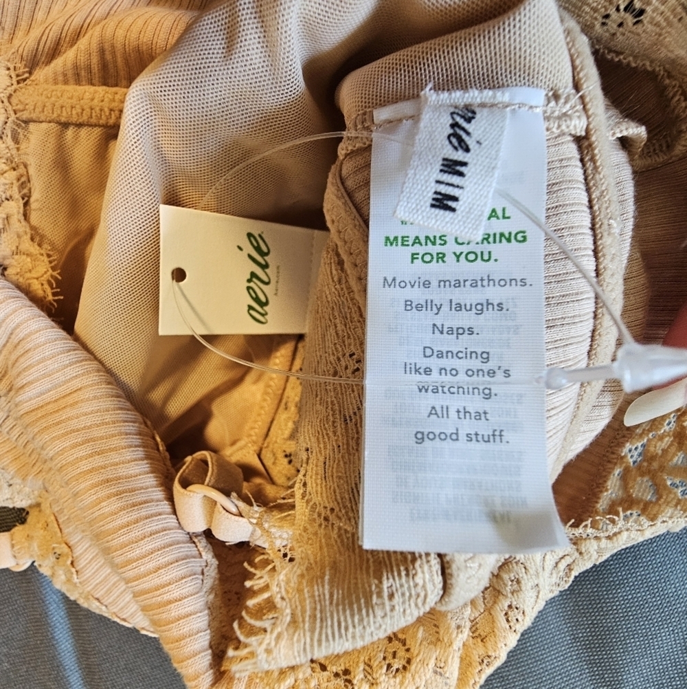 Aerie Ribbed Eyelash Lace Trim Longline Bralette, Tan, Size Medium - Picture 5 of 9